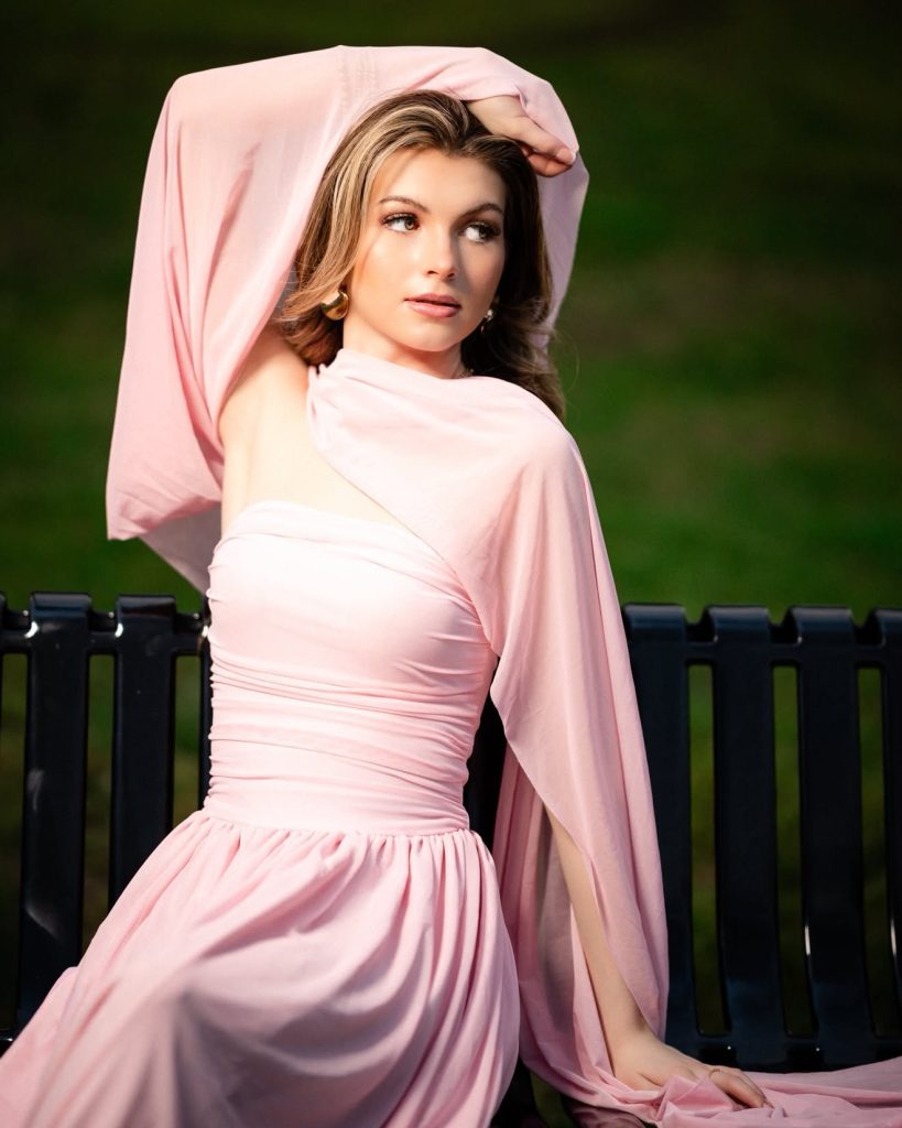 Carissa, Tone Talent Agency model, portrait in a flowing pink gown