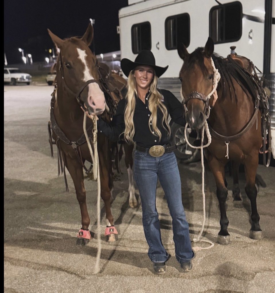 Karsen Jackson, Tone Talent Agency model, western cowgirl look with two horses
