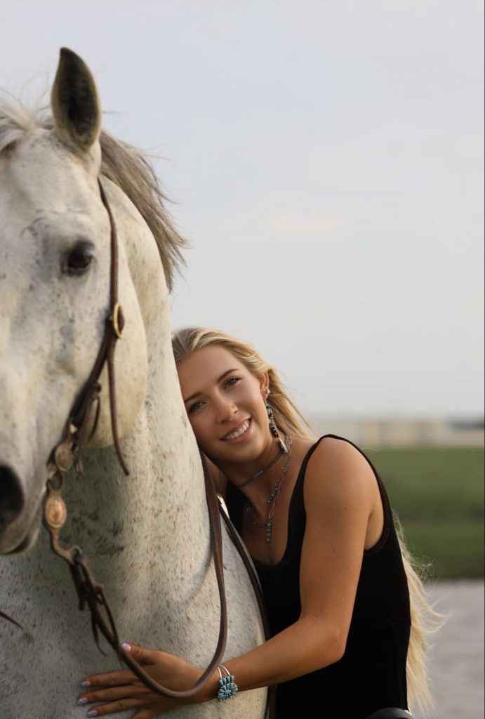 Karsen Jackson, Tone Talent Agency model, portrait with grey horse