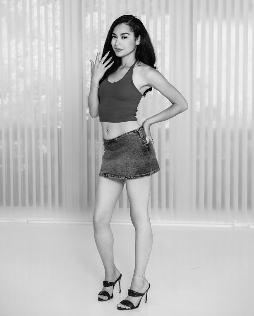 Nakisha Marin, Tone Talent Agency model, black and white full-length studio shot