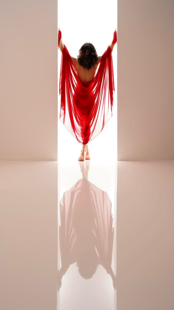 Nakisha Marin, Tone Talent Agency model, red silk fine-art studio shot